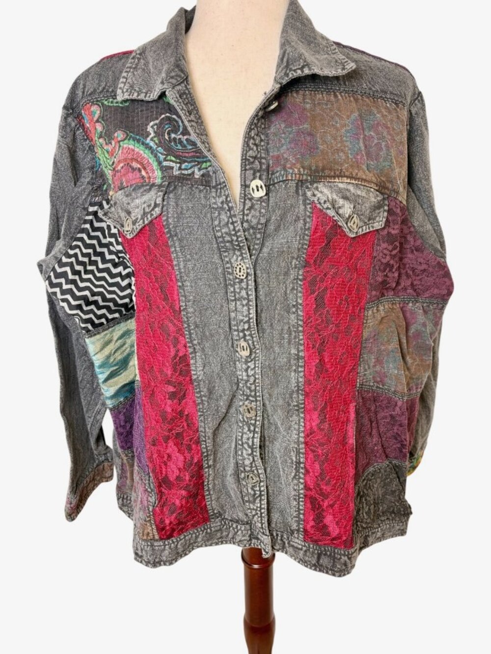 Parsley & Sage Washed Black Patchwork Lace Mixed Media Shirt Jacket Size 2X